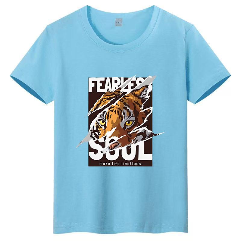 2026 Fearless Tiger American Street Style Printed Children's T-shirt Pure Cotton Children's Short Sleeve Casual Top