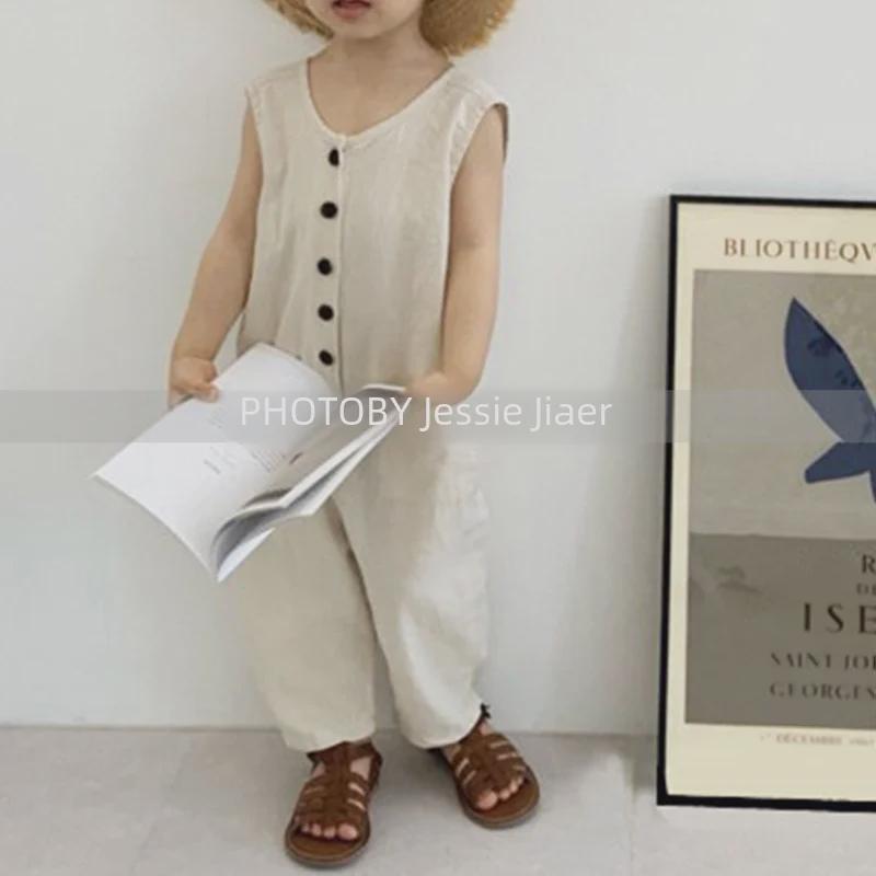 Korean-Style Kids' Trendy Summer Button Jumpsuit Casual Pants
