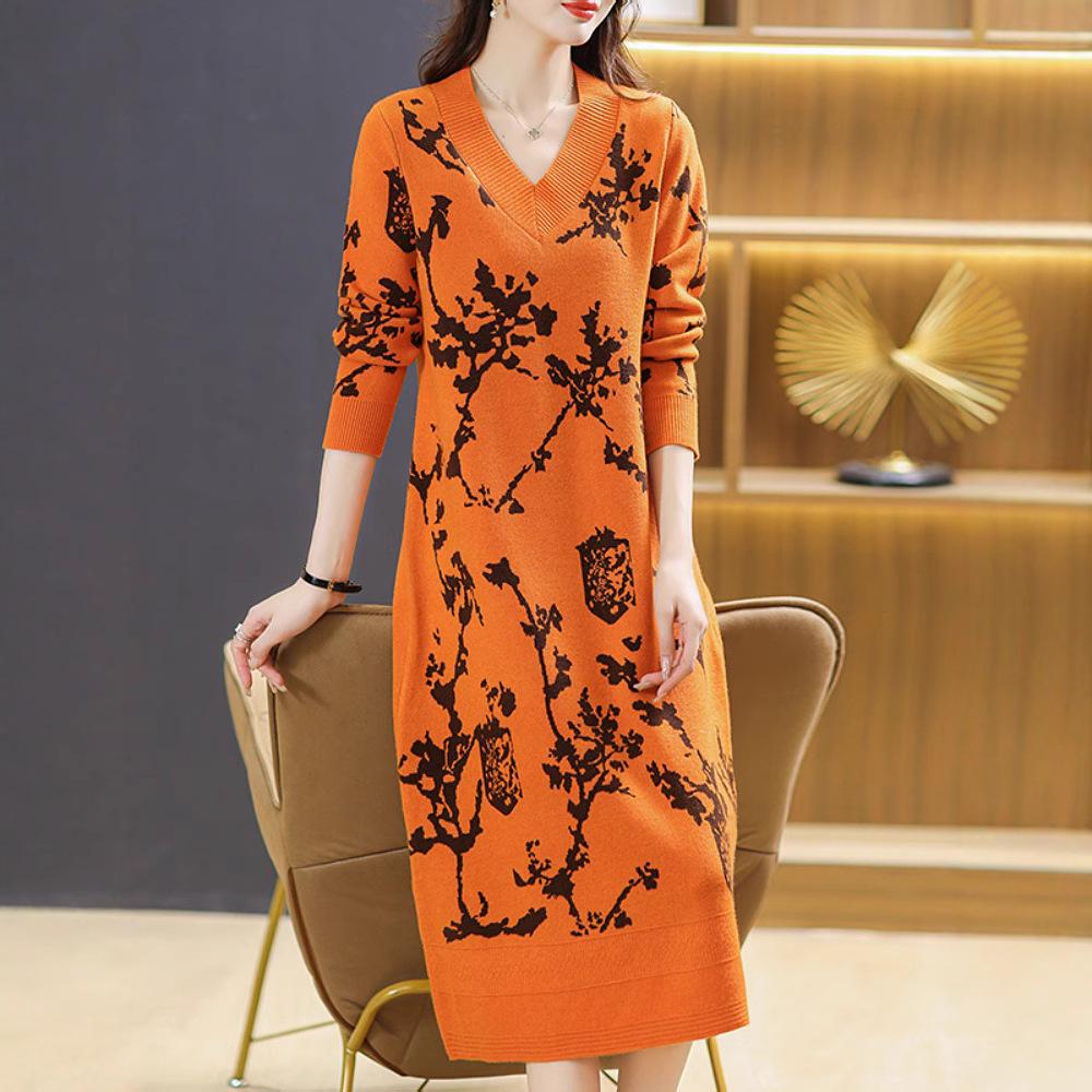 

Жаккардовое трикотажное платье с V-образным вырезом для женщин, средней длины, свободное платье-свитер для осени и зимы, повседневный трикотажный свитер XL оранжевый