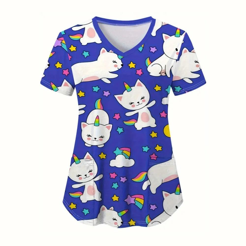 Uniformi Chirurgiche Carine Cartone Animato Gatto Donna Moda Estiva Scollo a V Medico Micro-Elastiche Manica Corta Tasche Applicate Abbigliamento Medico