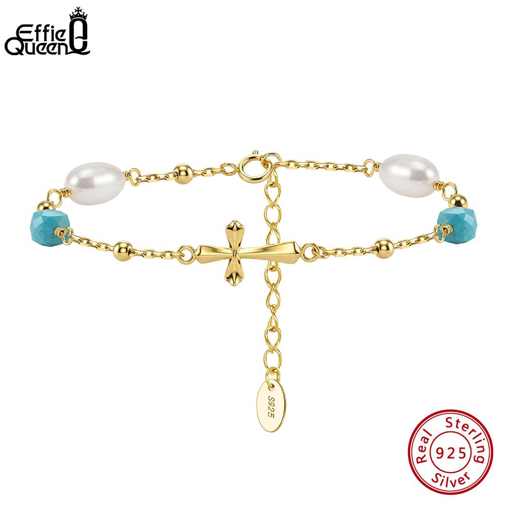 Effie Queen 925 Sterling Silver Natural Turquoise Bracelet Trend Turquoise Freshwater Pearl Charm Bracelet Energy Jewelry MPB23