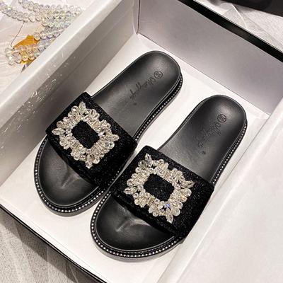 Mode Große Größe 34-43 Kristall Schnalle Hausschuhe Frau Glitzer Stoff Pantoletten Draußen&Zuhause Lässige Flipflops Dame Slipper Flache Sandalen Femme