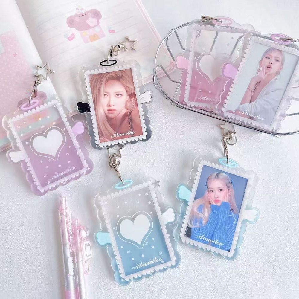 3 Inch Card Holder Colorful Angel Wings Clear Acrylic Card Sleeve with Keychain Display Kpop Photocard Holder Bag Pendant