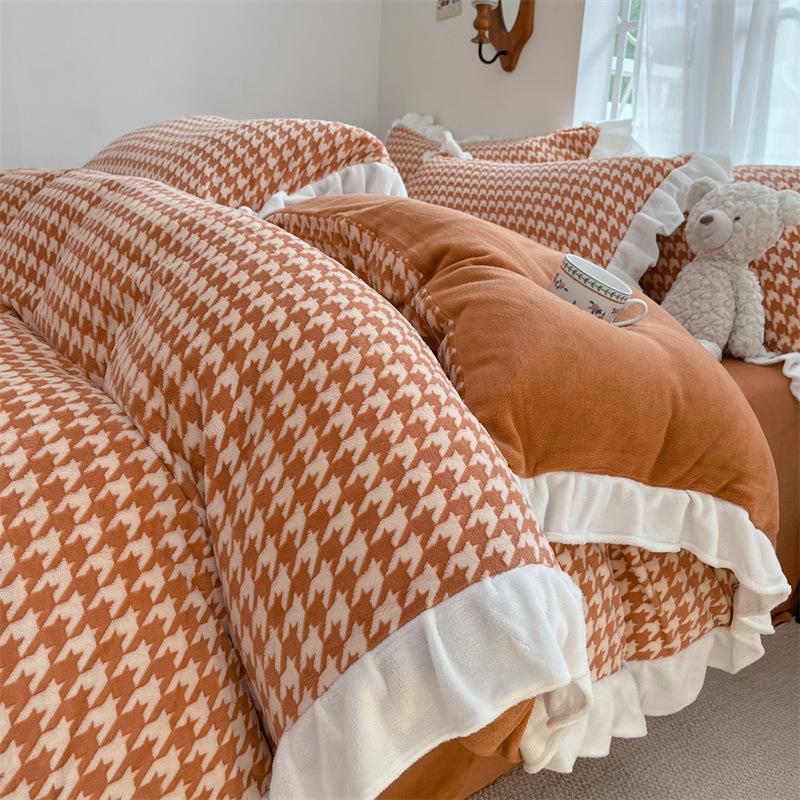 Double-Sided Thickened Milk Coral Fleece Bed Four-Piece Set Flannel Bedding Bed Skirt Fleece Sheet Quilt Cover
