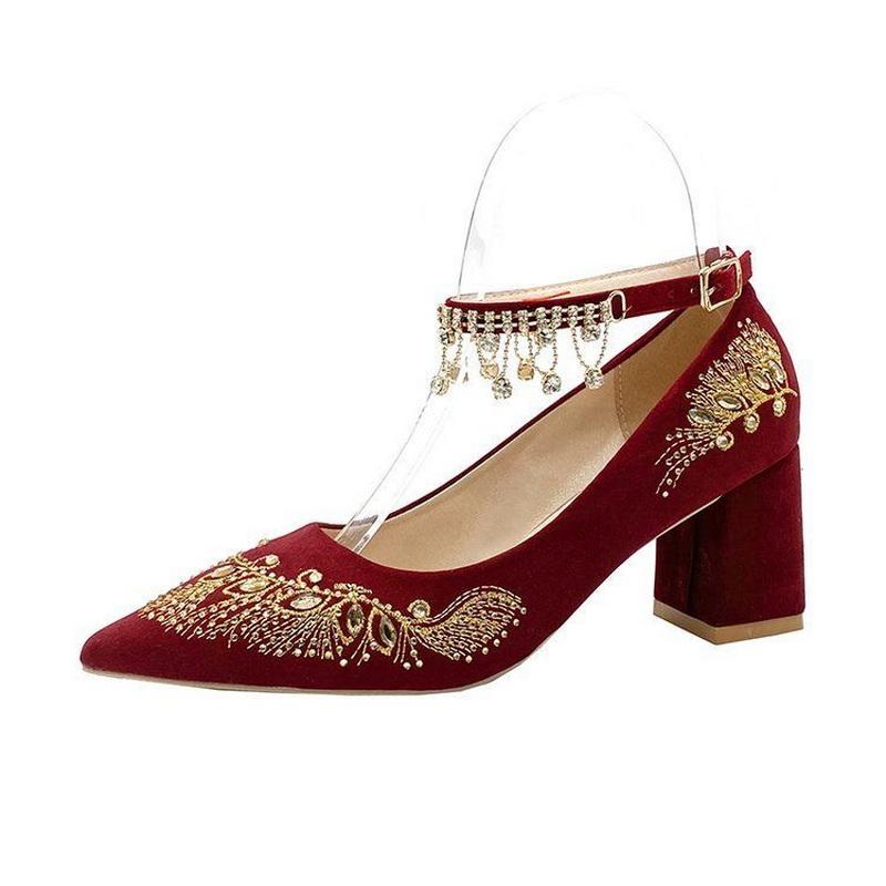 FHC Embroidery Flower Bride Wedding Shoes,Women Pumps,Rhinestone Ankle Strape High Heels,Pointed Toe,Wine-red,Dropship