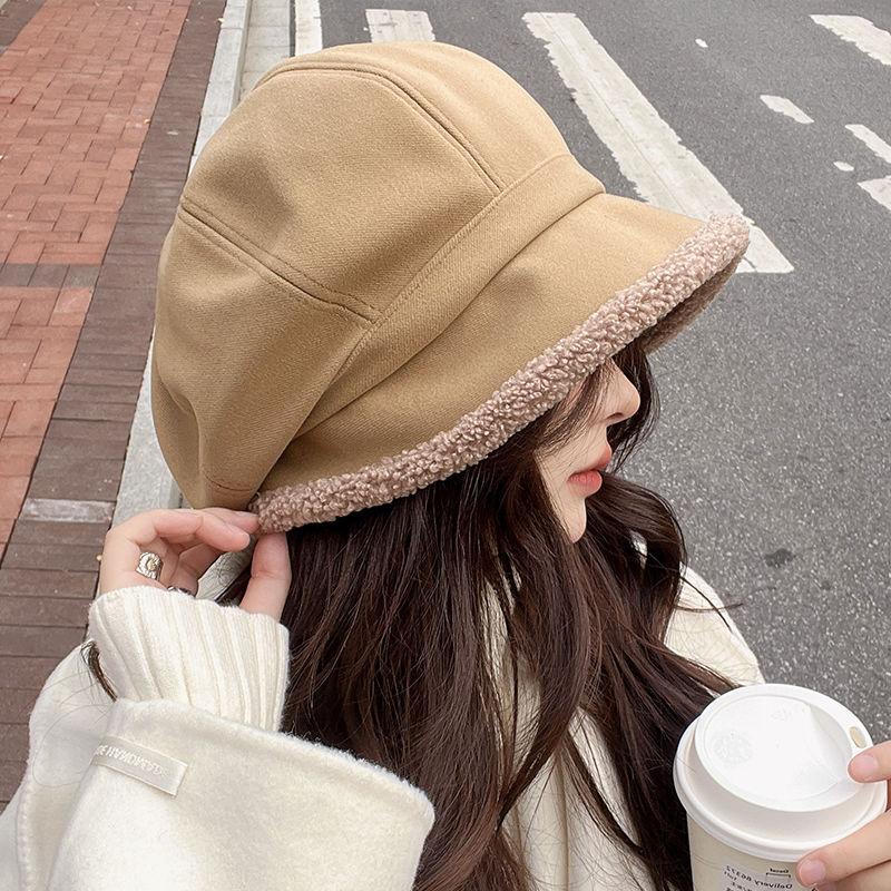 Autumn and Winter Fisherman's Hat with Fleece for Cold Protection Ear Protection Basin Hat Casual Lamb Wool Octagonal Beret