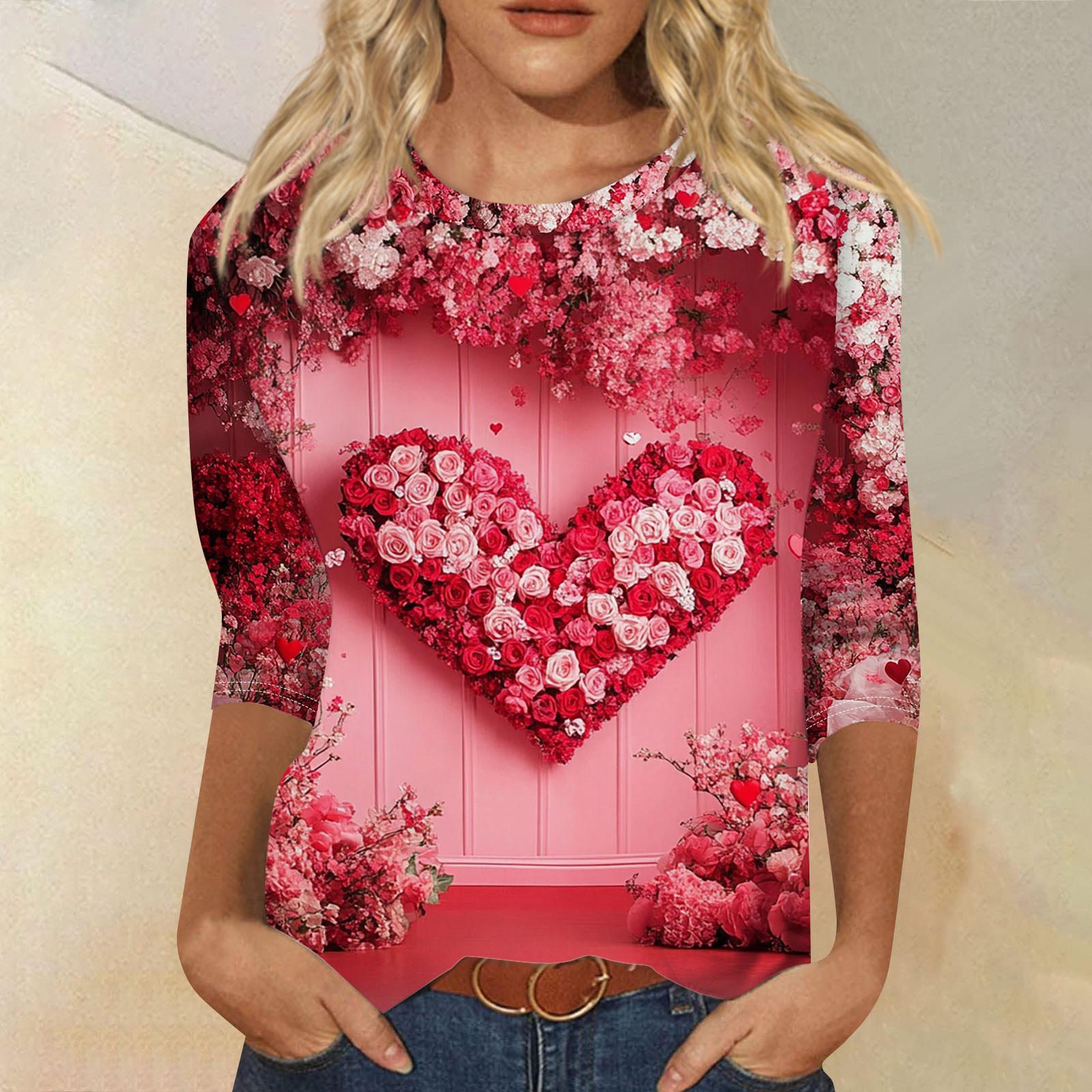 

Женский модный повседневный топ с круглым вырезом и принтом на День святого Валентина с семью рукавами XL арбуз красный