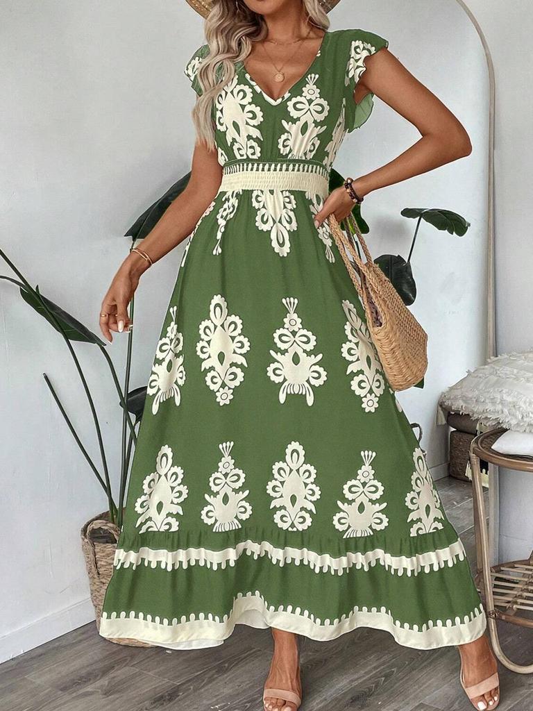 2025 European and American V-neck Waist-Cinching Summer Print Long Dress for Women