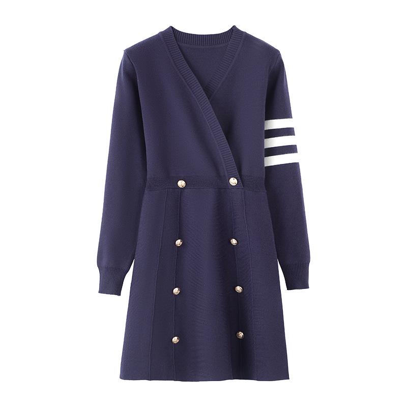 

2025 Douyin Influencer Navy Puff Sleeve Knit Dress: Plus Size Women s Clothing 2XL 135-150 lbs темно-синий