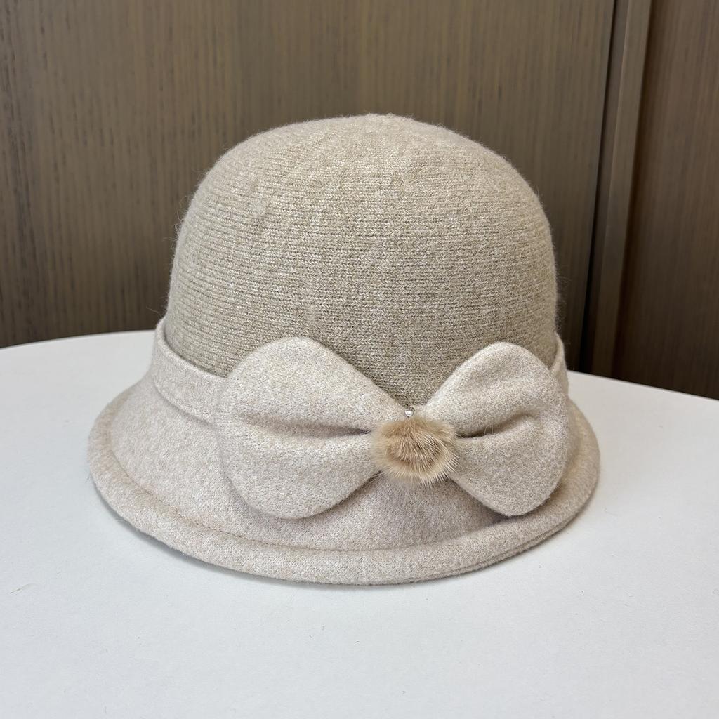 Wool Bucket Hat Thermal Hat Children Elegant Hairball Bow Mother Basin Hat