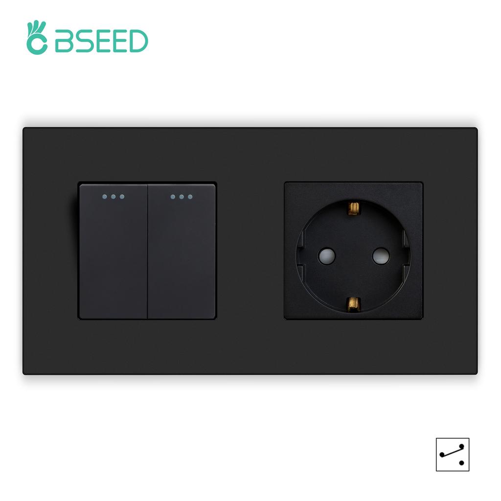 BSEED 1/2/3Gang Mechanical Button Switches 2Way For Stairs Plus EU Sockets USB Type-c Power Ports Matte Plastic Frames Black