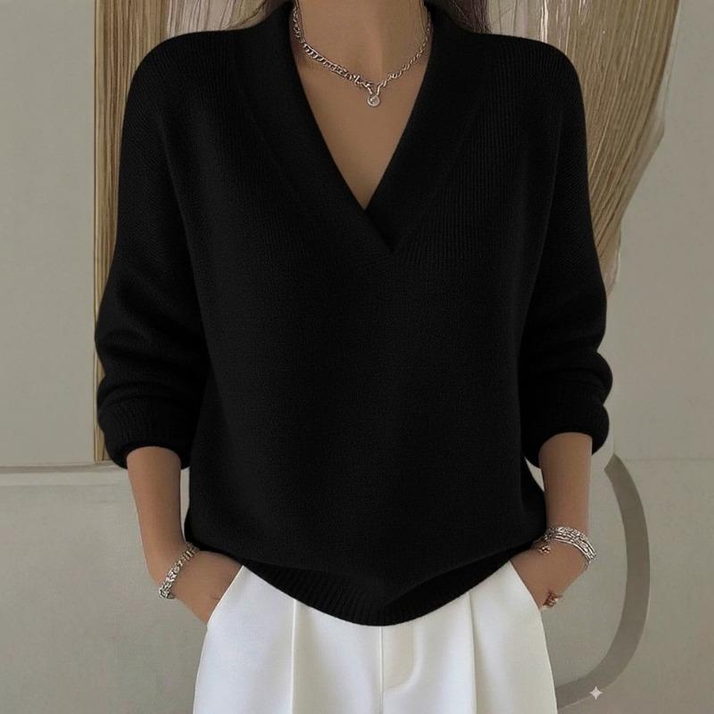 Damen S V-Ausschnitt Unifarben Locker Gestrickter Pullover Herbst Basisschicht