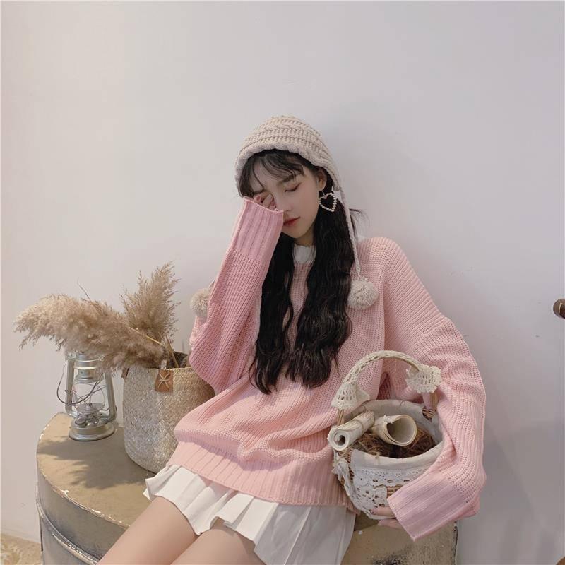 

Свободный свитер соответствующего цвета, осенне-зимний милый свитер с круглым вырезом для школьницы, шикарный