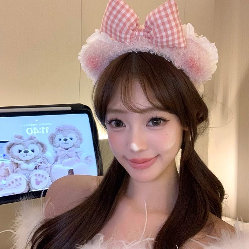 Autumn And Winter Bow Plush Cute Bear Lace Edge Headband Female Face Wash Headband High Skull Top Hairpin Advanced Sense