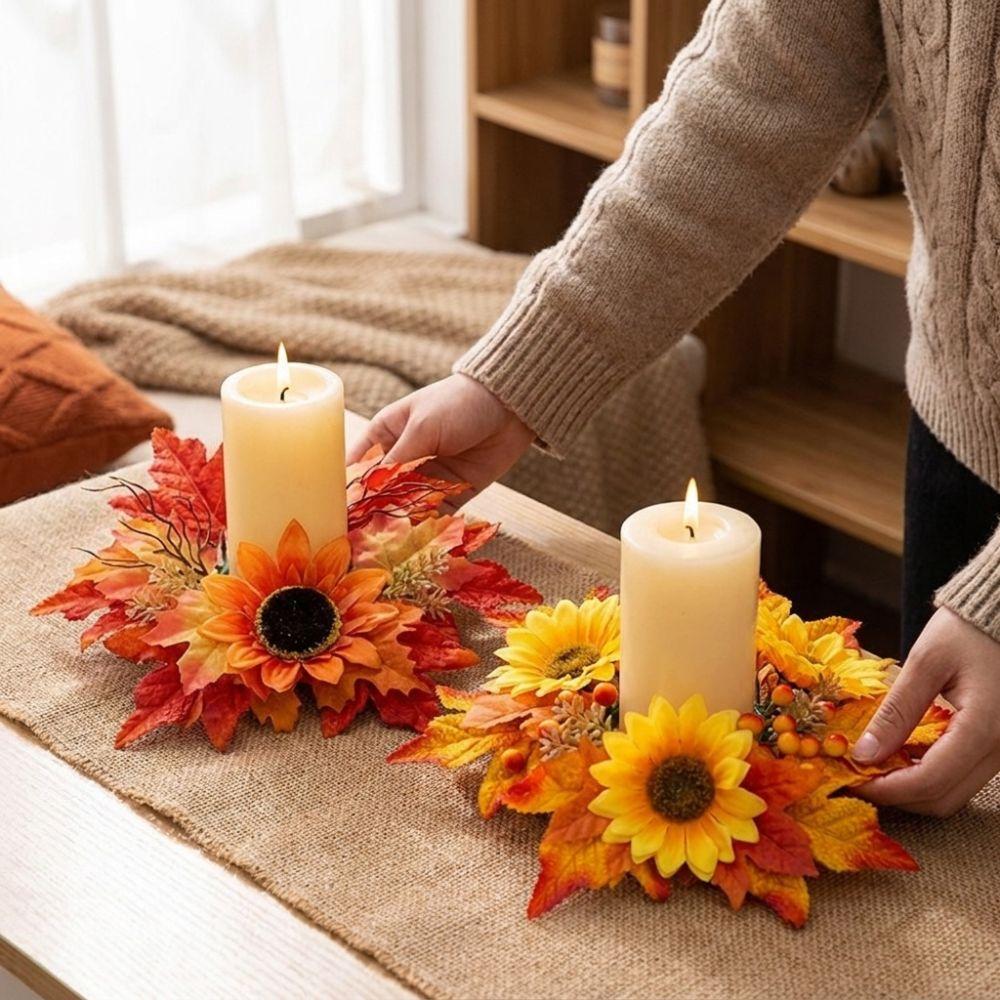 Fade Resistant Sunflower Maple Candle Ring Wreath Fall Decoration