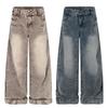 Mens Washed Distressed Wide Leg Pants Punk Retro Straight Trousers Casual Streetwear