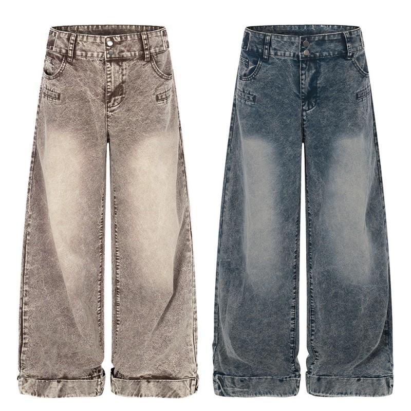 Mens Washed Distressed Wide Leg Pants Punk Retro Straight Trousers Casual Streetwear