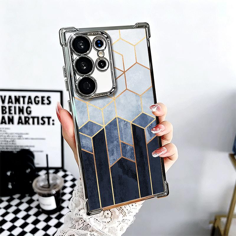 Geometric Marble Pattern Plating Phone Case For Samsung Galaxy S24 S25 FE S26 Edge S23 Ultra S22 S21 Plus S20 Anti-Fall Airabag