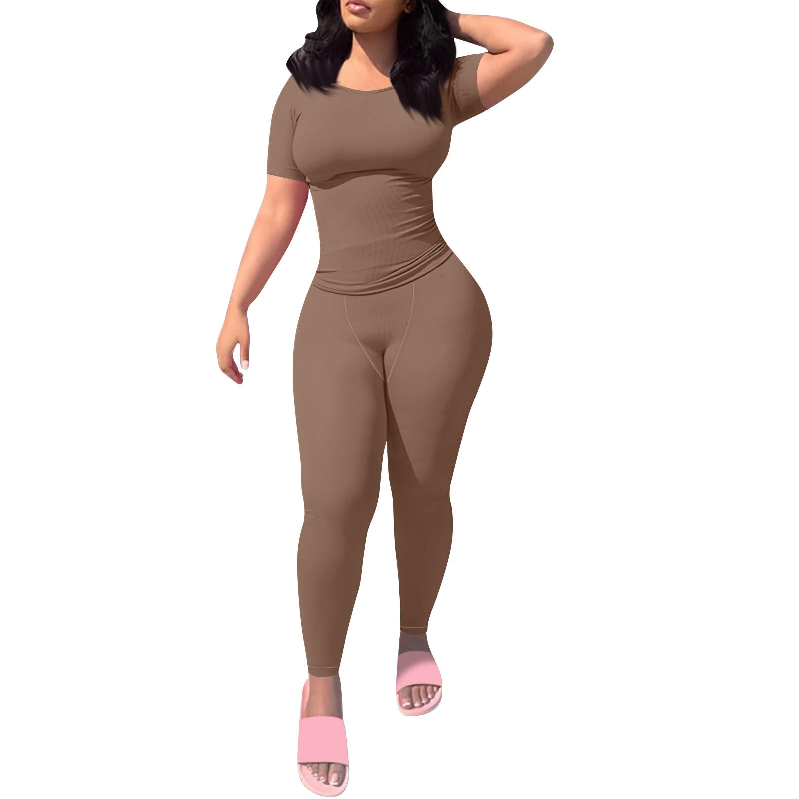 

Женские однотонные тонкие узкие брюки с короткими рукавами и высокой талией, повседневный костюм XL коричневый