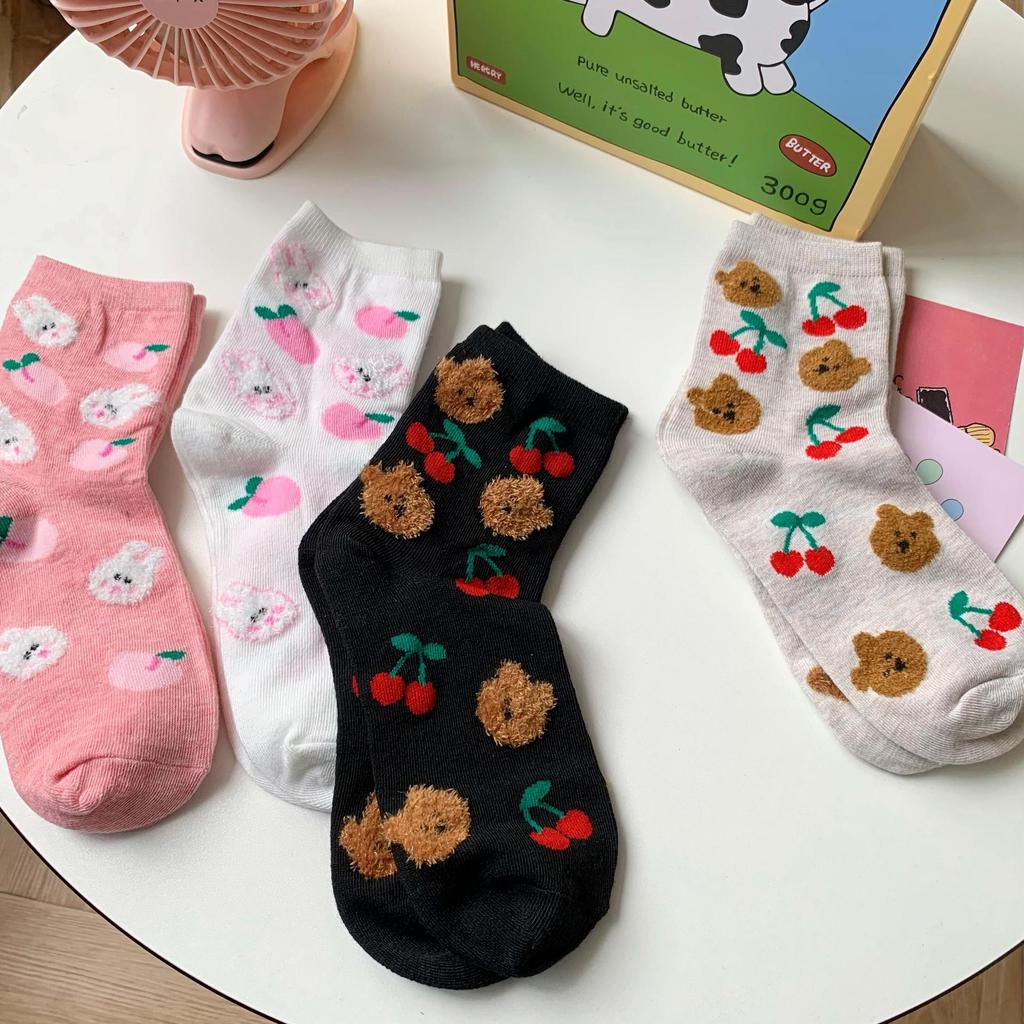 Happy Year Of The Rabbit Socks Bubble Cotton Cute Stacking Socks Little Rabbit Flower Cartoon Medium Tube Socks Cotton Socks Women