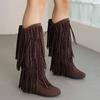 Stiefel Damen Mittlere Wade Mit Absatz Damen Winter Grober Absatz Fransenstiefel Innenverstärkung Mittlere Faux Leder Westernstiefel