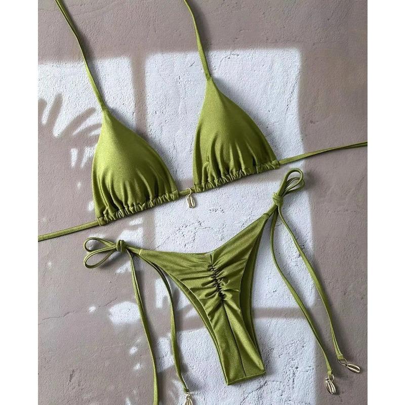 Sexy Pure Color Bikini Set with Strap Ne Hanging Pad Metal Bule Two-Piece Swimsuit Triangular Design Polyester Nylon Mate...