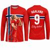 Maglia da Calcio a Maniche Lunghe Norvegia #9 Erling Haaland, Stampa Bandiera con Ritratto Disegnato a Mano, T-shirt Sportiva Casual Traspirante ad Asciugatura Rapida