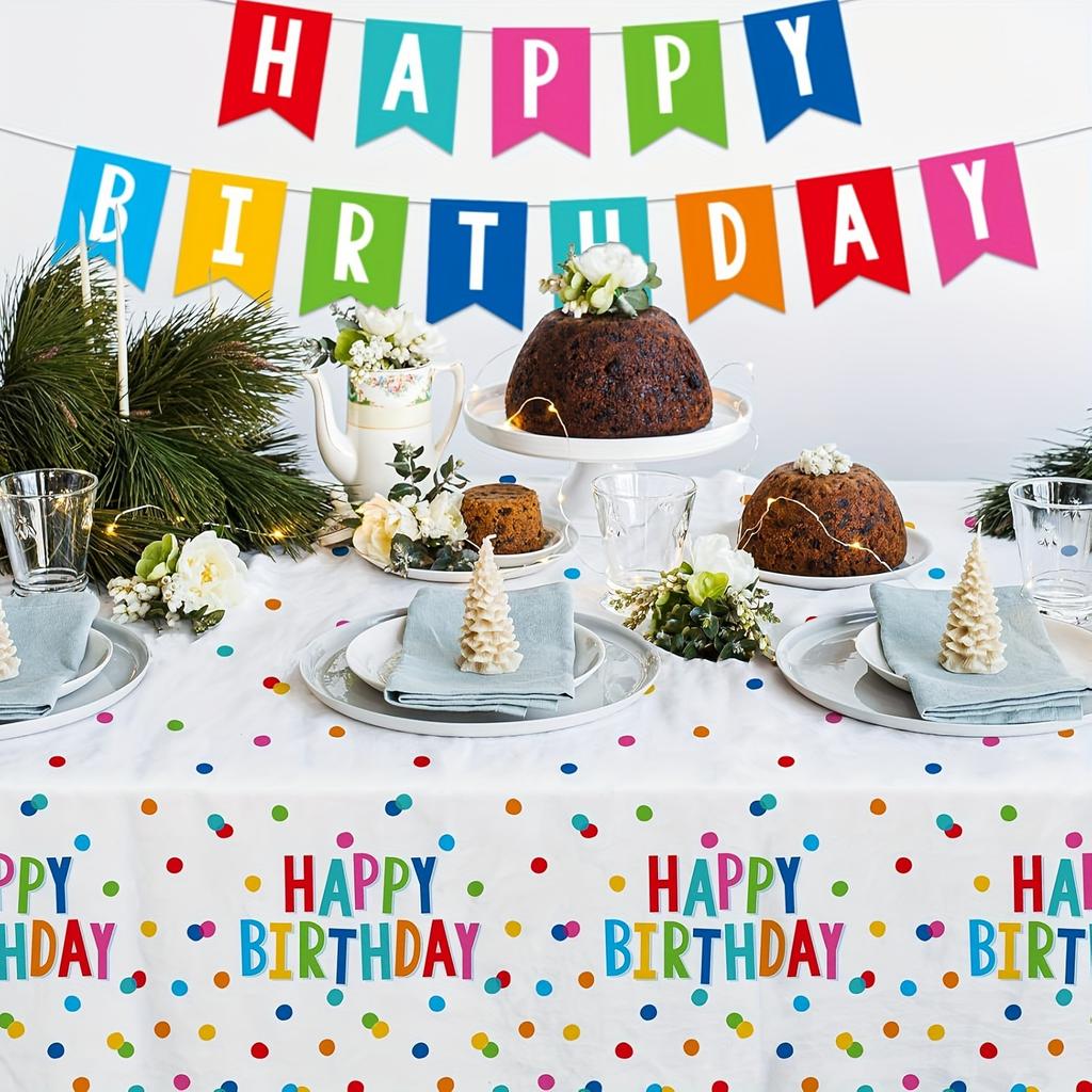 3PCS 54x108in Waterproof Plastic Tablecloth - Happy Birthday Decorations Set | Polka Dot Design Birthday Party Supplies with "Happy Birthday" Print
