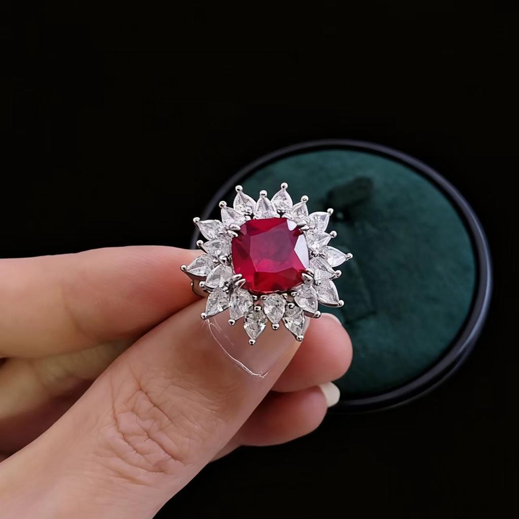 Jewelry Imitation Fat Square Emerald Ruby Ring Female Heavy Industry Luxury Set High Carbon Diamond Flower Ring