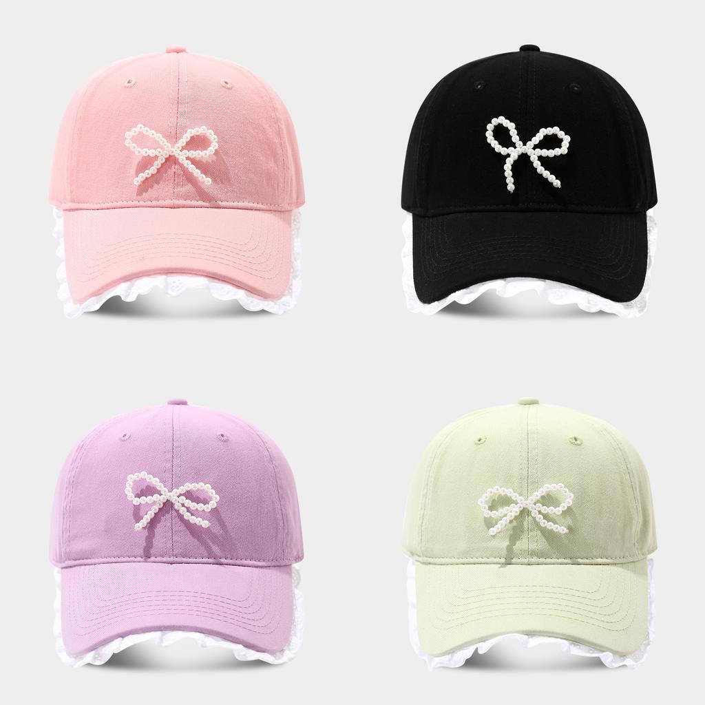 Street Style Baseball Cap With Lace Edge And Pearl Bow For Summer Sun Protection