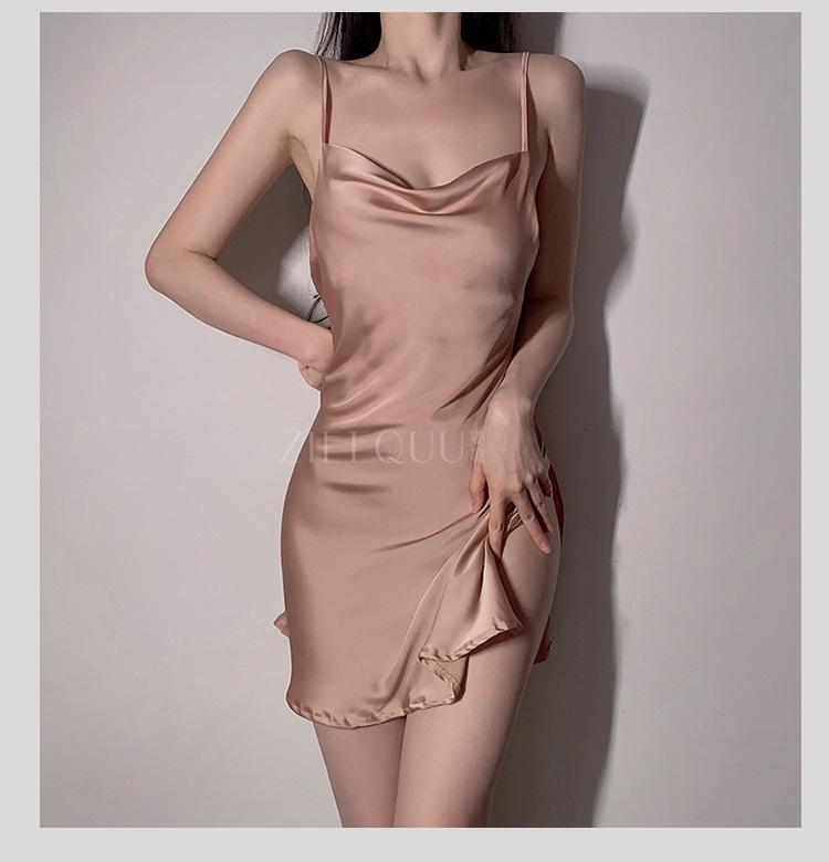Ziqu Sexy Satin Deep V Slit Backless Nightdress for Women