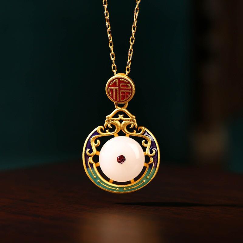 Meier Gold-plated hollowed-out enamel painted antique-style imitation hetian jade safety buckle retro necklace 24k gold plated
