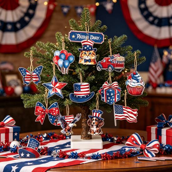 Holz-Ornamente zum 4. Juli, Vintage Patriotische Baumdekorationen, Rot Weiß Blau Rustikale Sterne Adler Flaggen Holzausschnitte Ornamente für den Unabhängigkeitstag