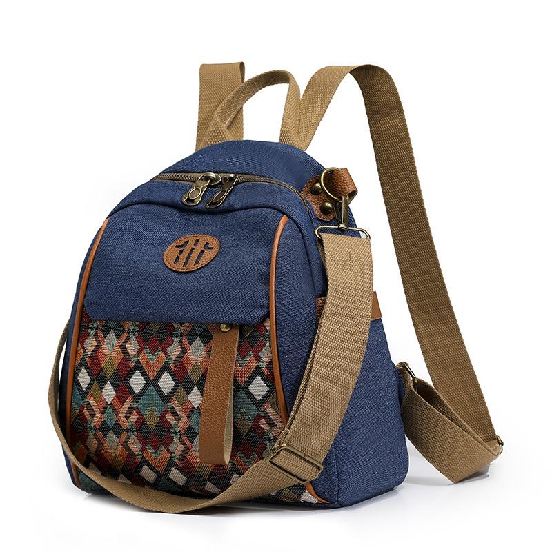 Vintage Color Block Backpack Ethnic Embroidery Shoulder Bag Large Capacity Backpack