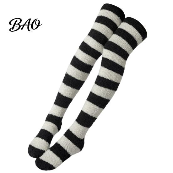 Warm Winter Sleep Socks Striped Plush for Women, Coral Fleece Thermal Socks, Soft Thickened Velvet Knee High Stockings, Sleeping Home And Casual Wear