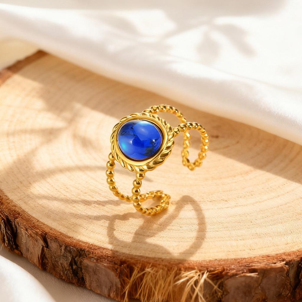 Luxurious Imitation Natural Stone Ring for Women Stainless Steel Twist Texture Opening Rings Retro Finger Jewelry Gift