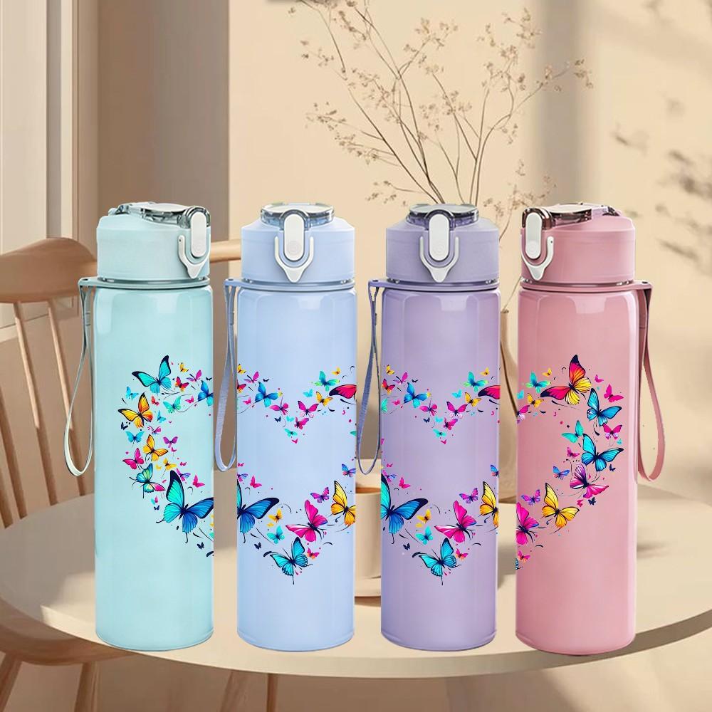 1PC Heart Shaped Floral Art Pattern 750ml Color Plastic Sports Water Bottle Leakproof Flip Straw Lid Suitable for Sports Office Home Use
