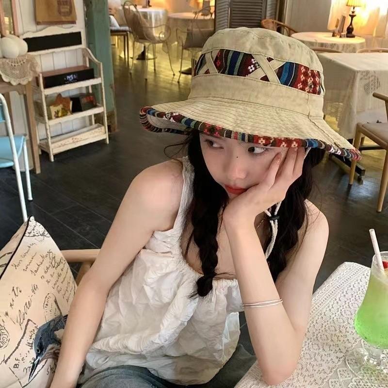 Ethnic Style Geometric Pattern Design Neutral Casual Denim Fisherman Hat For Outdoor Sun Protection