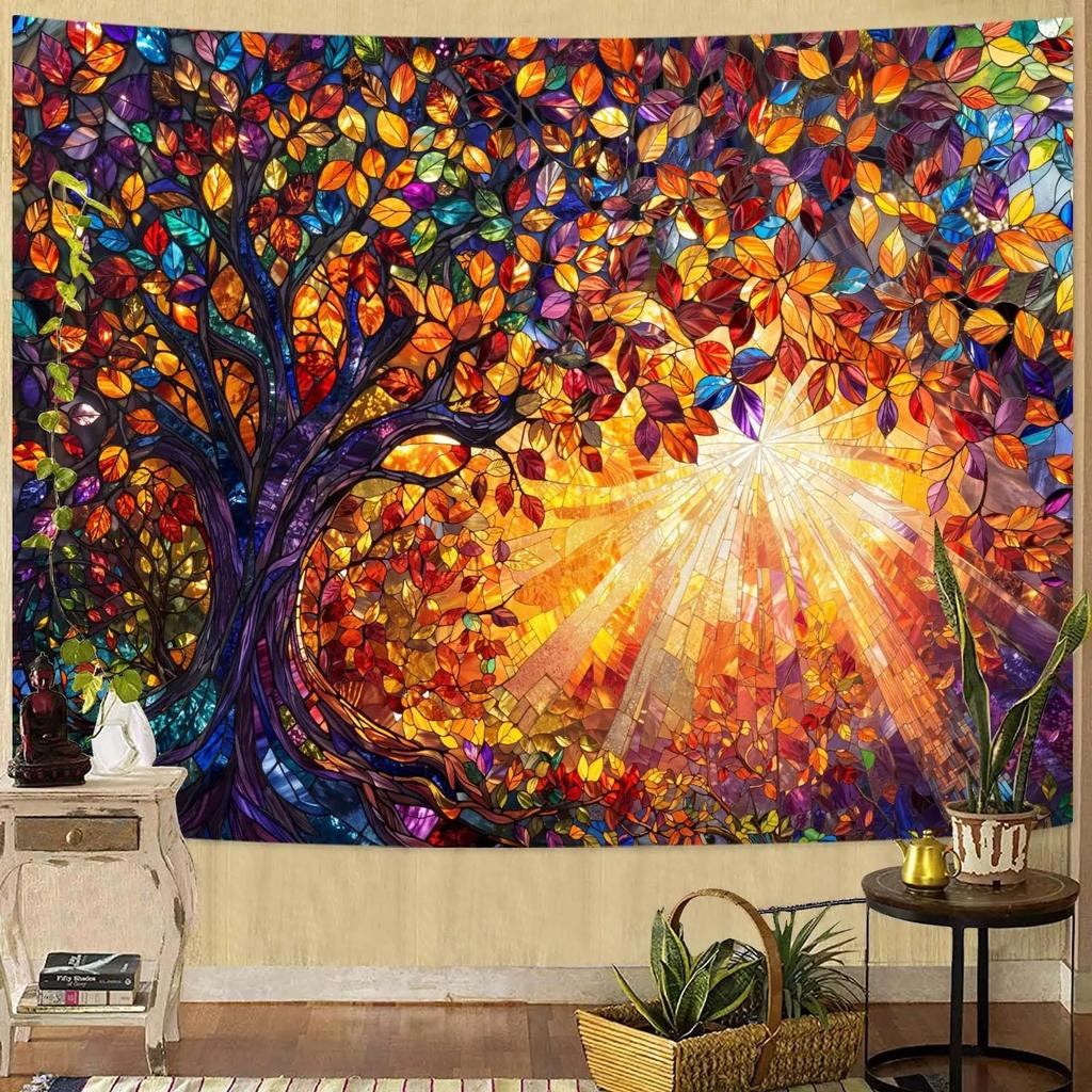 Stained Glass Tree of Life Tapestry Polyester Wall Hanging Colorful Plant Mosaic Art Room Decor for Living Room Bedroom Dorm
