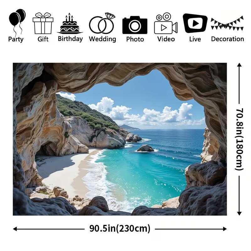 Seaside Cave View Backdrop Natural Rock Cave Coastal Scenery Photography Background Cloth for Wedding & Vacation Theme