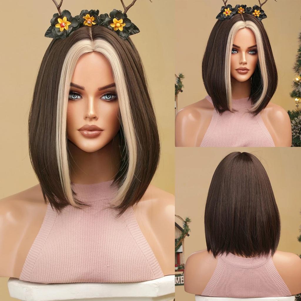 Short Straight Bob Synthetic Wigs with Bangs for Women Brown To Blonde Wig Cosplay Party Daily Heat Resistant Fiber Hair