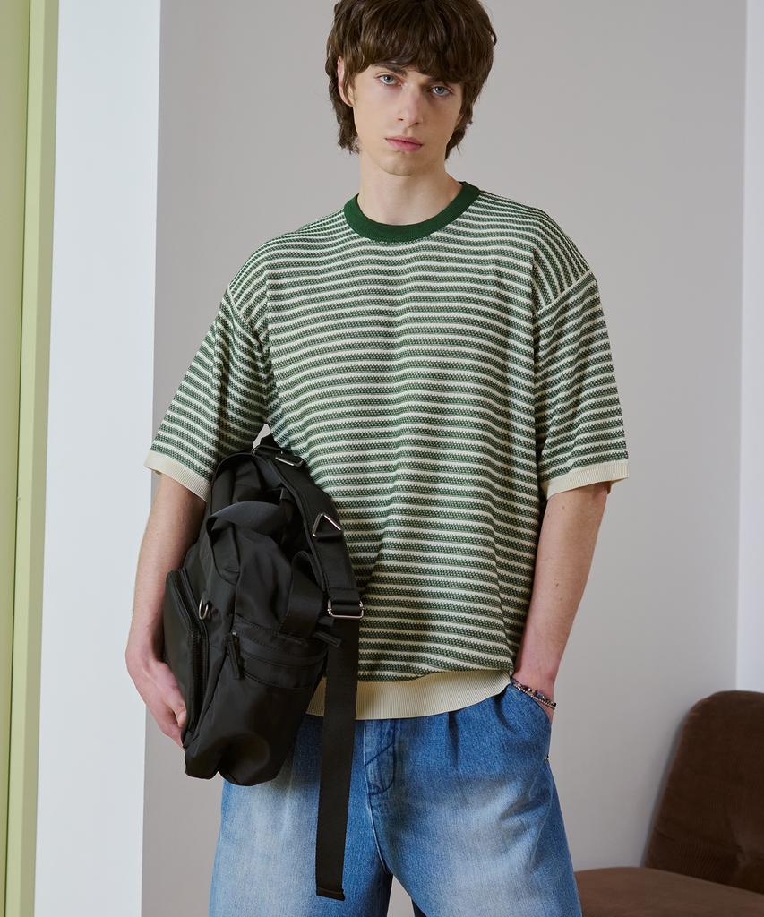 DRAW FIT Striped Texture Line Half Knit [Green]