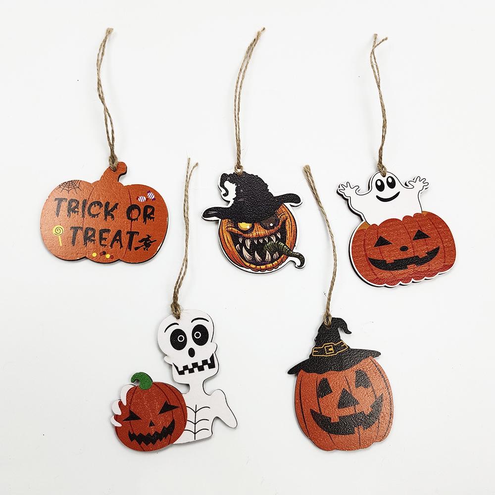 5Pcs Halloween Wooden Pendants Funny Pumpkin Ghost Skeleton Hanging Ornaments Woodden Diy Accessories Halloween Decoration 2024