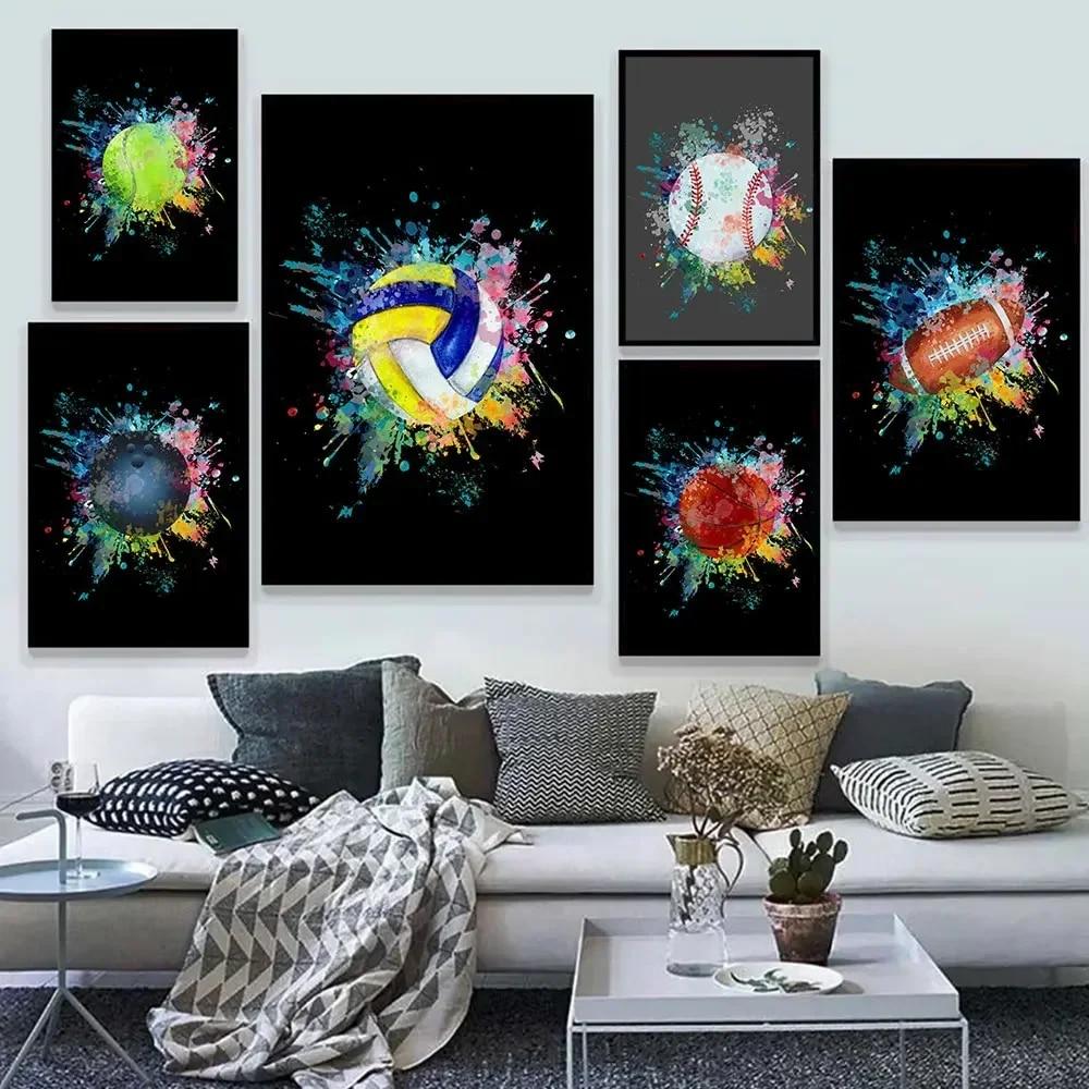 

Абстрактные бейсбол, футбол, теннис, волейбол, цветные взрывные постеры, печать, холст, картина, настенная художественная картина для комнаты, домашний декор