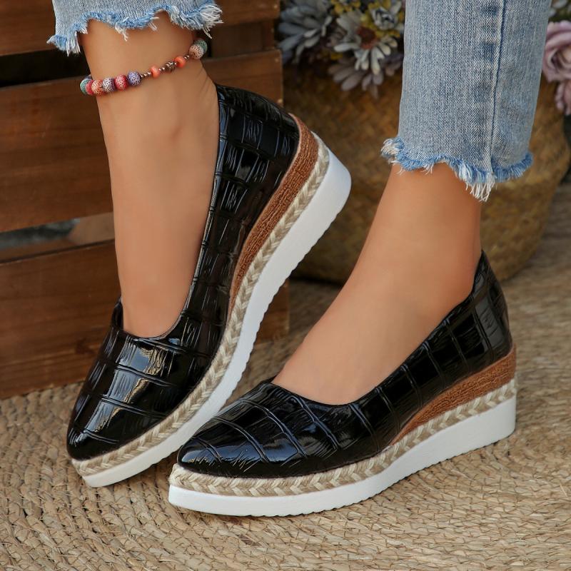 Casual Wedge Heel Pumps Women 2025 Summer Pointed Toe Medium Heel Non Slip Loafer Pumps Comfortable Soft Hemp Sole Shoes Women