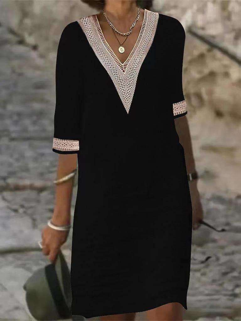 Damen Einfarbiges Baumwollleinen Freizeitkleid mit Spitzenkante und halblangen Ärmeln