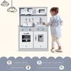 Kids Wooden Toy Kitchen Pretend Play Cooking Playset w/ Sound & Light Effect, Battery Operated Cooktop, Ice Machine, Marble Pattern Countertop