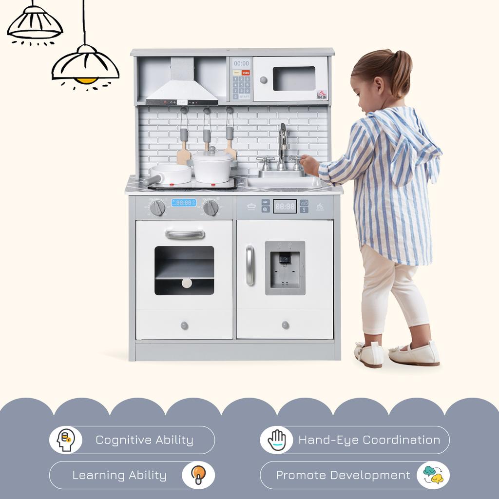 Kids Wooden Toy Kitchen Pretend Play Cooking Playset w/ Sound & Light Effect, Battery Operated Cooktop, Ice Machine, Marble Pattern Countertop