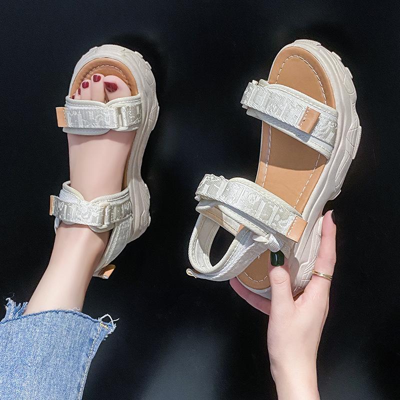 Thick Soled Sandals for Women In Summer 2025, Fashionable and Versatile, Worn with Velcro for Students, Non Slip and Soft Soled Sports Beach Shoes