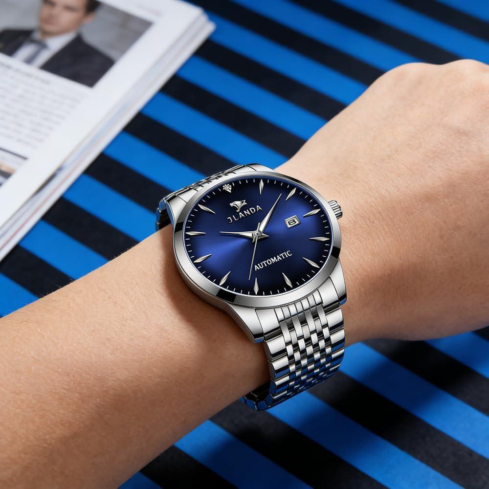 Automatic Self-Wind Men's Watch Luxury Business Dress Watches with Date Display Steel Bracelet Waterproof Luminous Hands